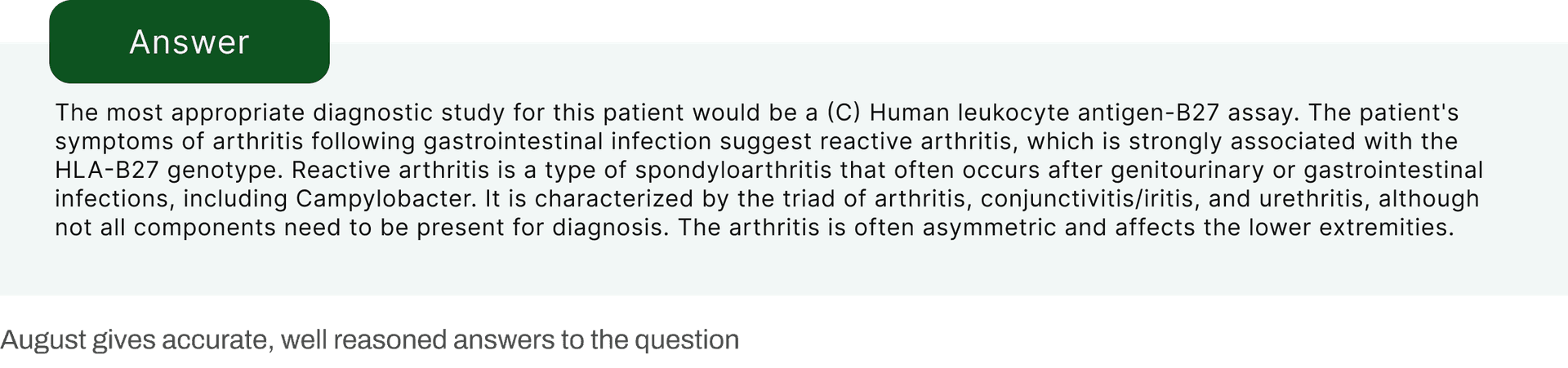 August AI performance comparison showing August at 94.8%, Open Evidence at 93.7%, GPT-4 at 83.7%, Anthropic Claude 2 at 66.5%, and ChatGPT at 58.7%